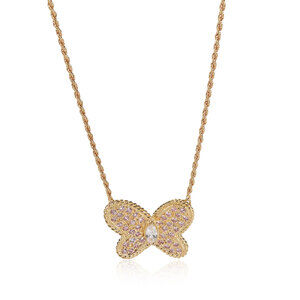 Graff Pink & White Diamond Butterfly Necklace in 18K Yellow Gold 0.75 CTW